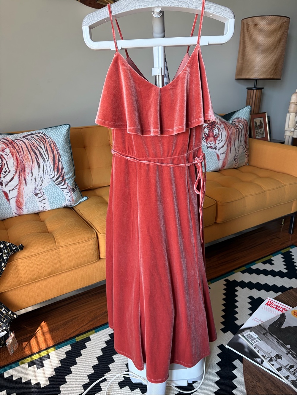 june & hudson Velvet Ruffle Midi Dress in Dusty Coral